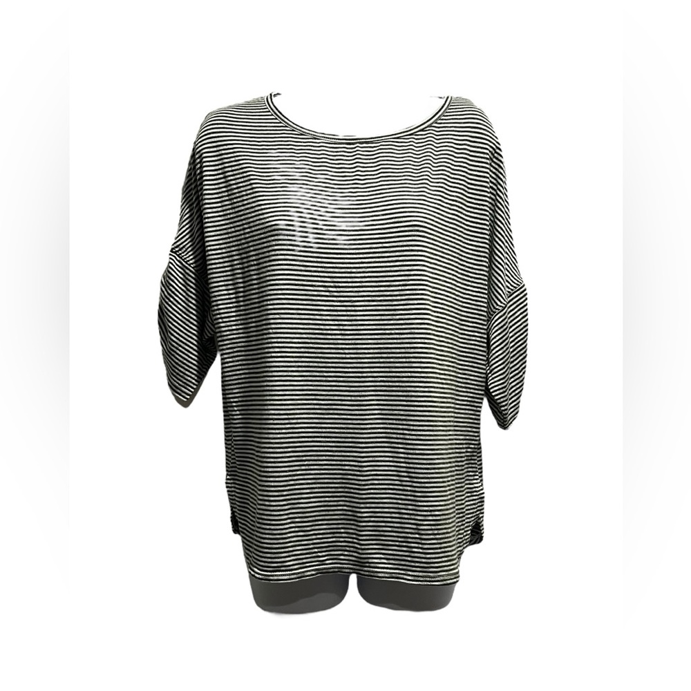 NWT Max Studio Linen-Blend Crinkle Stripe Knit Cinched Sleeve Top - Picture 2 of 4